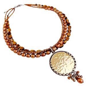 Silpada N1838 Boho Triple Strand Tiger Eye Pearl Hammered Pendant Necklace, READ